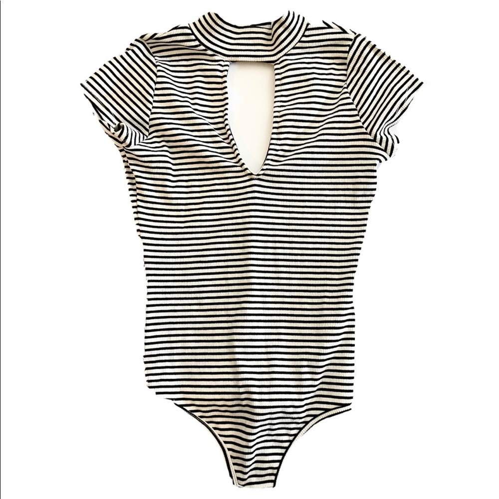 Black Bead Black/White Striped Mock Neck Bodysuit